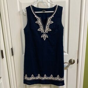 Charlie Paige Linen Blend Navy Blue Sleeveless Embroidered Shift Dress Sz Small